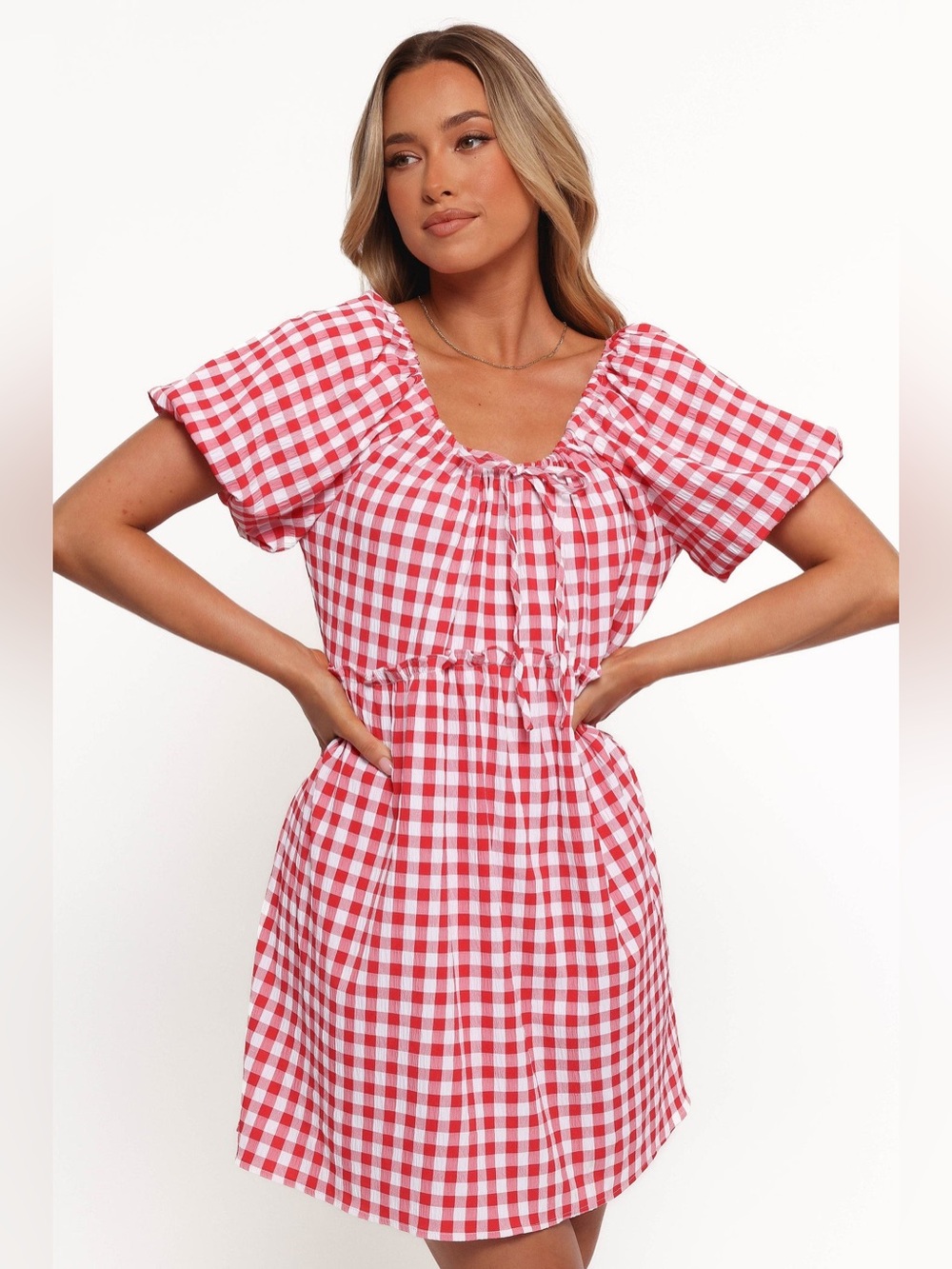 Petal + Pup Dorothea Gingham Mini Dress Red White Smocked Large